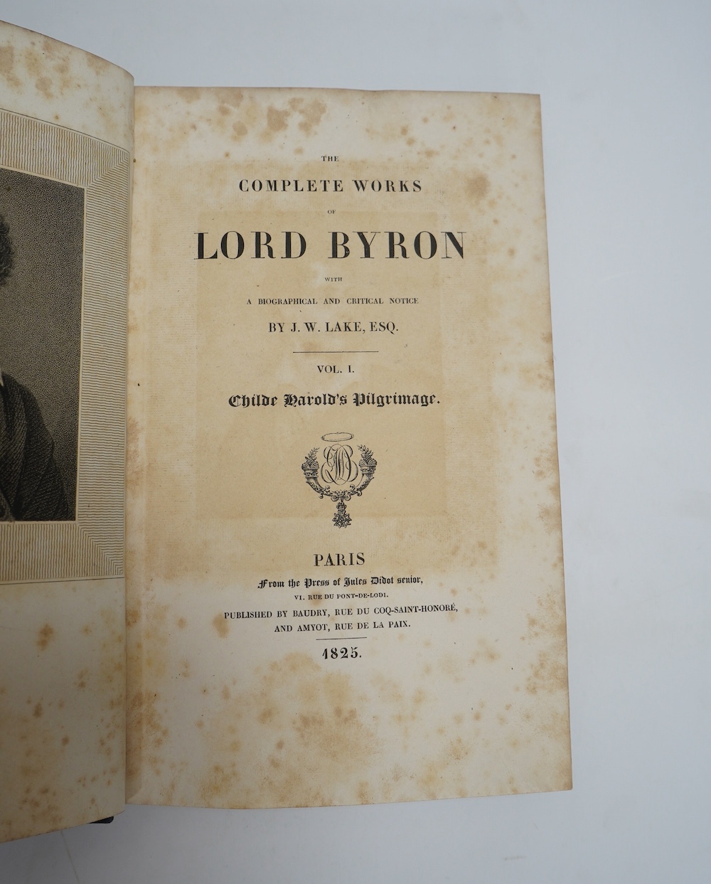 Byron, Lord George Gordon Noel - The Complete Works of Lord Byron, with a Biographical and Critical Notice, by J.W. Lake, Esq., 7 vols., eng. port. frontis. to first vol., half-titles discarded, scattered spotting and br